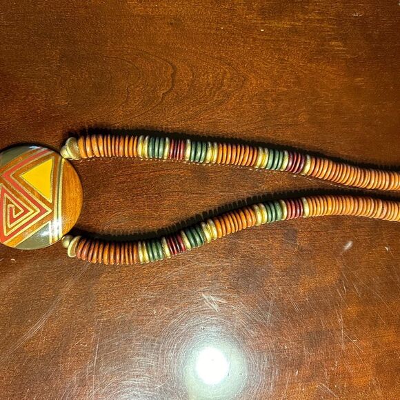 Vintage Wooden Statement stacked necklace with painted artistic design - Picture 3 of 7